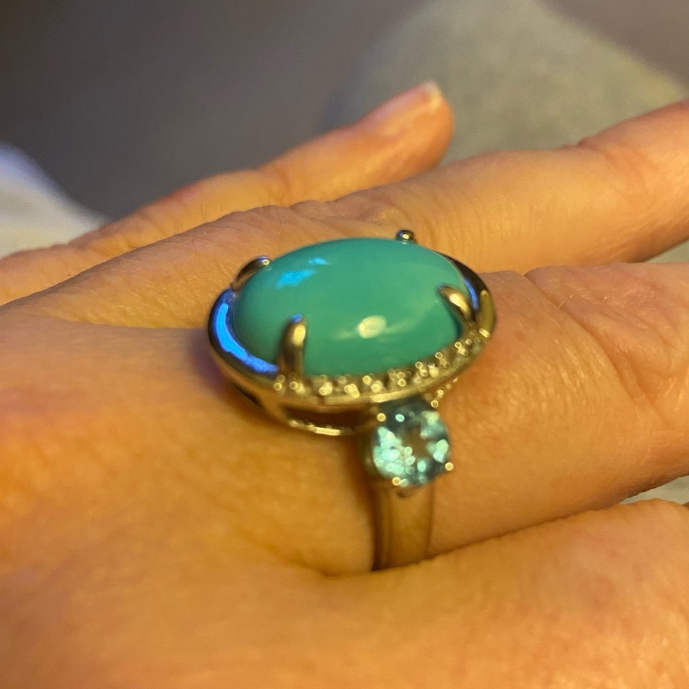 QVC sterling silver ring with sleeping beauty turquoise, blue topaz, CZ